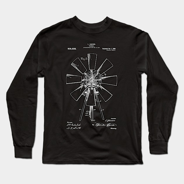 Windmill Patent 1908 vintage windmill farmhouse Long Sleeve T-Shirt by Anodyle